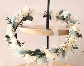 Dried flower wreath GIULIANA pastel tones wedding theme in Provence, boho bridal hairstyle accessory in preserved flower