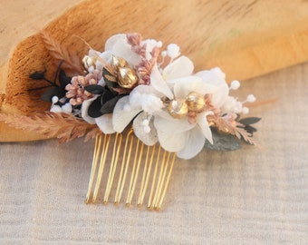 Peigne CANDICE fleurs stabilisées pour coiffure mariage bohème chic, peigne pour cheveux en hortensia blanc pour mariage style classique