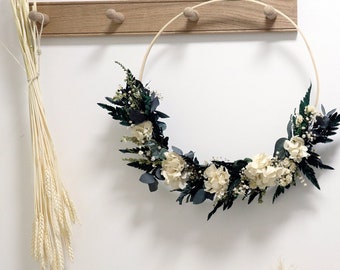 Decorative crown with dried flowers VANILLA CREAM, trendy interior deco in sustainable natural flowers, eco-responsible gift