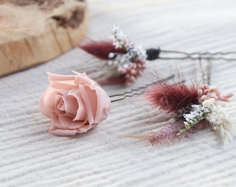 Hairpin SIANA with dried and preserved flower for boho wedding hairstyle blush and burgundy, unique bridesmaid gift Coachella theme wedding