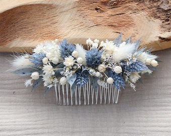 OCEANE Kämme getrocknete und stabilisierte staubblaue Blumen für Hochzeitsfrisur im Boho-Stil, ozeanblauer Kamm Sommerhochzeit am Meer