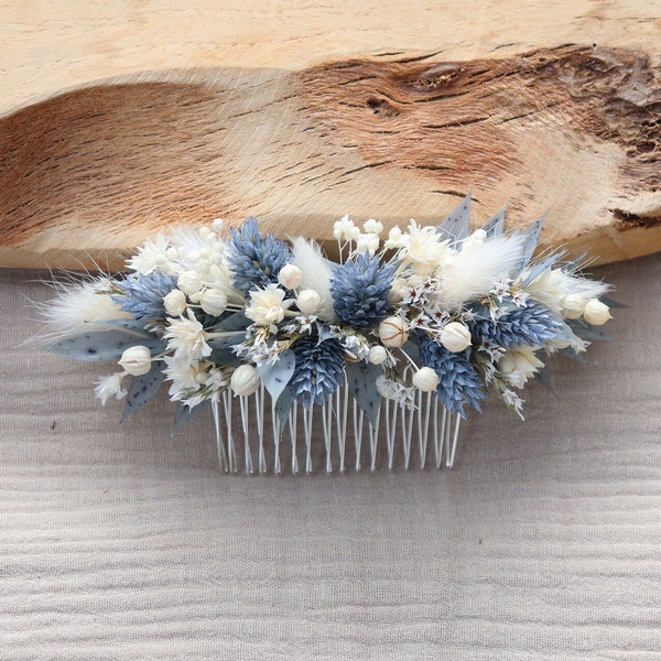 OCEANE Kämme getrocknete und stabilisierte staubblaue Blumen für Hochzeitsfrisur im Boho-Stil, ozeanblauer Kamm Sommerhochzeit am Meer