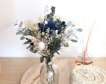 Centre de table fleurs séchées et stabilisées MARTIGUES décoration éco-responsable couleur bleu et argent
