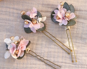 Lot épingles à cheveux CALI en fleur séchée pour coiffure mariage bohème chic rose et doré, accessoire cheveux teintes pastel