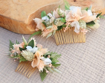 Hair comb COLINE made of dried and preserved flower peach color for spring wedding, bridal hairstyle accessory sustainable natural flowers