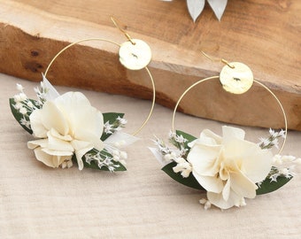 MERRYL Creoolse oorbellen, boho-oorbellen gemaakt met gedroogde en geconserveerde natuurlijke bloemen, boho-bruidssieraden met geconserveerde ivoorkleurige hortensia