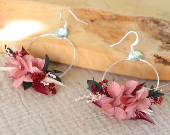 Creole earrings GENA dried and preserved flowers magenta pink tint, handmade silver plated wedding jewelry, original Christmas gift