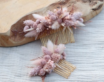 Peignes BRIDGET fleurs séchées et stabilisées rose blush coiffure romantique, Peigne pour cheveux en fleur naturelle durable mariage bohème