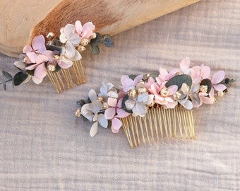 Pastel pink and golden flower CALI combs for boho chic wedding hairstyle, blush pink and golden preserved hydrangea hairstyle accessory
