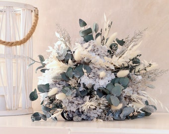 Bouquet DJERBA en hortensia blanc et gris perle stabilisé pour décoration ou mariage, bouquet fleurs séchées et stabilisées éco-responsable