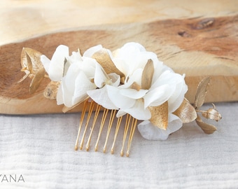 Hair comb DIANE preserved natural white hydrangea and golden eucalyptus for boho chic wedding hairstyle, long-lasting natural flower comb