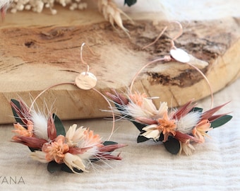 Boucles d'oreilles ROSITA fleurs séchées et stabilisées couleur terracotta, créoles originales rose gold bijou tendance mariage bohème