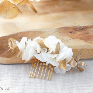 Hair comb DIANE preserved natural white hydrangea and golden eucalyptus for boho chic wedding hairstyle, long-lasting natural flower comb