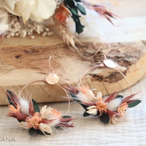 Earrings ROSITA dried and preserved terracotta-colored flowers, original rose gold creoles trendy bohemian wedding jewel