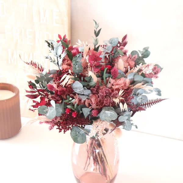 Bouquet GRENADE magenta et vieux rose pour décoration ou mariée, bouquet pour mariage éco-responsable en hortensia et eucalyptus stabilisés