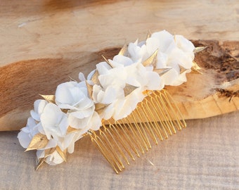 Braut Haarkamm mit weißen Hortensien & Gold – Boho Hochzeit Haarschmuck aus konservierten Blumen YAËLLE