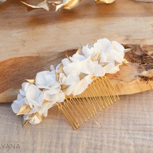 Hair comb YAËLLE natural preserved white and gold hydrangea comb for boho chic wedding bridal hairstyle, white and gold flower hair comb