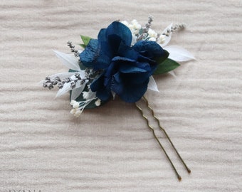 Epingle à cheveux MILA fleurs séchées et stabilisées bleues, accessoire coiffure bleu mariage bohème, cadeau témoins mariage filles