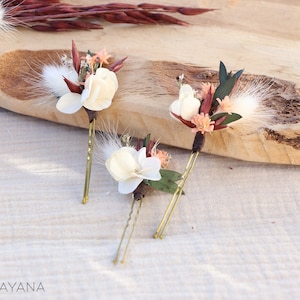 Set of ROSITA hairpins in dried and preserved flowers for boho wedding hairstyle terracotta color, bridal hairstyle comb