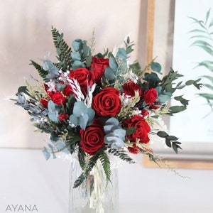 Bouquet MONACO eternal red roses, eco-responsible bouquet for home decor or wedding with preserved red roses and eucalyptus