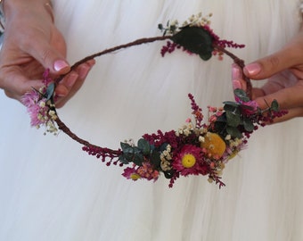 Wreath SOPHIE dried flowers country wedding, preserved flowers and dried flowers crown, natural flowers hairstyle accessory,