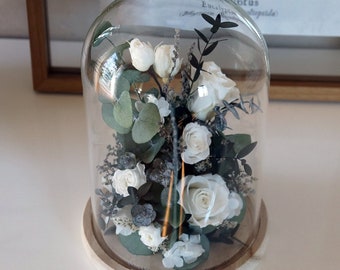Grande cloche fleur séchée et stabilisée HARMONIE UNIVERSELLE, cadeau original décoration de maison éco-responsable rose éternelle blanche