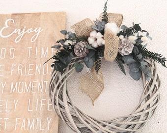 Decorative wreath PINE GREEN dried and preserved flower, home decoration Christmas wreath with cotton flower and eucalyptus