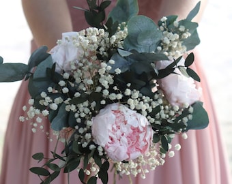 Bouquet KYOTO pivoines et gypsophile stabilisées, bouquet de mariage en fleurs naturelles, bouquet de décoration pivoines et eucalyptus