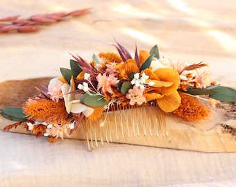 Peigne cheveux SOFIA en fleurs séchées et stabilisées orange et terracotta pour mariage d'été thème bohème champêtre accessoire coiffure