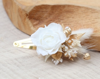 Barrette CHARLINE pour enfant et adulte style clic-clac avec rose blanche stabilisée, Accessoire à cheveux pour mariage, baptême, communion