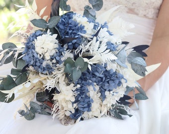 Bouquet SAINT-FLORENT hortensia et eucalyptus bleu gris et blanc, arrangement fleur stabilisée pour décoration ou bouquet de mariée bohème