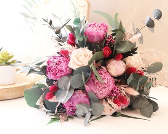 Spring bouquet GRASSE pink peonies and blush pink eternal roses, dried and preserved flower bridal bouquet for spring wedding