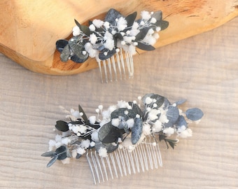 Peigne LISON fleurs stabilisées pour coiffure mariage style bohème, peigne gypsophile blanc et eucalyptus mariage estival champêtre