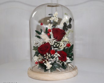 Large eternal rose bell FESTIVE ATMOSPHERE, preserved and dried red and white flower under a glass bell original hand made gift