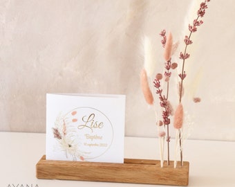 Oak photo holder CAMARGUE dried and preserved dusty pink flowers, noble wooden bar art craft eco-responsible gift, Pampa flower decoration