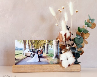 Porte photo MISSISSIPI déco coton et fleurs séchées pour anniversaire noces de coton, Barre en bois noble artisanal cadeau éco-responsable