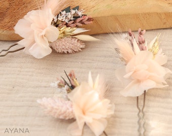 Set of hairpins CHARLENE dried and preserved flower pastel pink and gold for hairstyle boho wedding, hair accessory with blush pink flowers