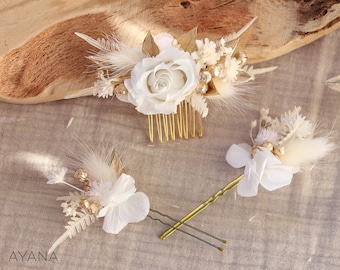 Accessorio per capelli CHARLINE in fiori essiccati e conservati per matrimonio boho chic bianco e oro, spilla rosa eterna bianca e pettine