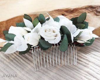 Peigne cheveux HILDE fleur sche blanc et verdure mariage bohème champêtre, Peigne coiffure rose hortensia et eucalyptus naturels stabilisés