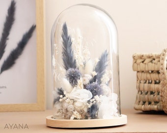 Cloche fleurs séchées GRAPHISME VEGETAL chardon bleu et pampa séchés, cadeau éco-responsable, déco fleurs séchées bleu sous cloche en verre