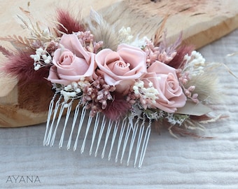 Peigne SIANA pampa séchée et roses stabilisées ton vieux rose et lie de vin pour coiffure mariage bohème, accessoire mariage couleur automne