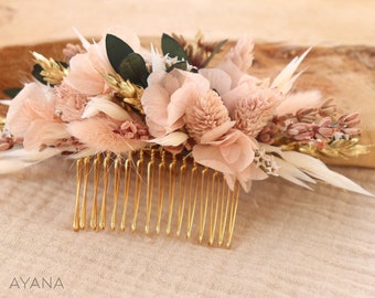 Peigne cheveux CHARLENE fleur séchée et stabilisée rose pastel et doré mariage bohème, Peigne coiffure pour mariée fleur naturelle durable