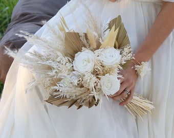 Bouquet de mariée OXFORD en fleurs séchées et stabilisées, bouquet de mariage style bohème avec rose éternelle blanche, pampa et palme