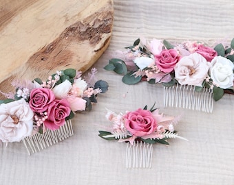 ROSY Haarkämme getrocknete und konservierte rosa Blumen Boho Hochzeit, Blush rosa ewige Rosen Frisurkamm