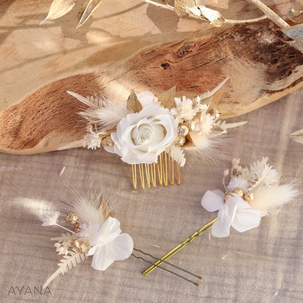 Accessoire de coiffure CHARLINE en fleur séchée et stabilisée pour mariage bohème chic blanc et doré, épingle et peigne blanc rose éternelle