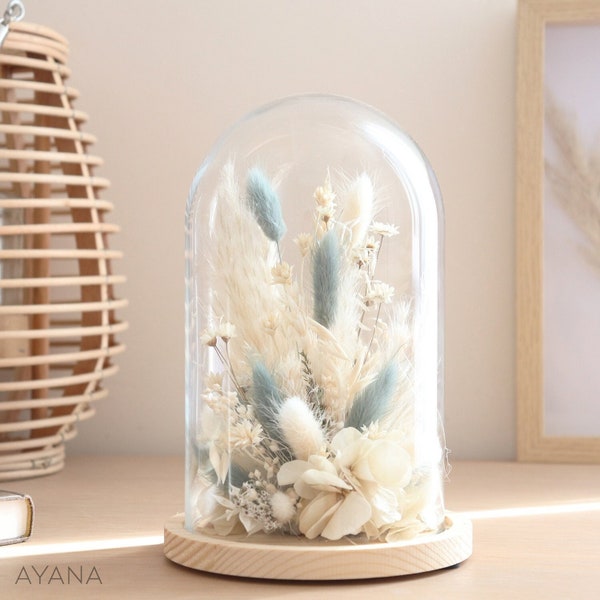 Cloche déco BALADE EN LUBERON, fleurs séchées teinte pastel style Provence fleur éternelle et pampa cloche en verre décoration d'intérieur