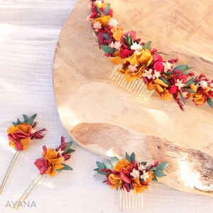 Peignes cheveux VERA fleurs séchées et stabilisées ocre et terracotta mariage bohème, Peigne coiffure mariage d'été fleur naturelle durable image 3