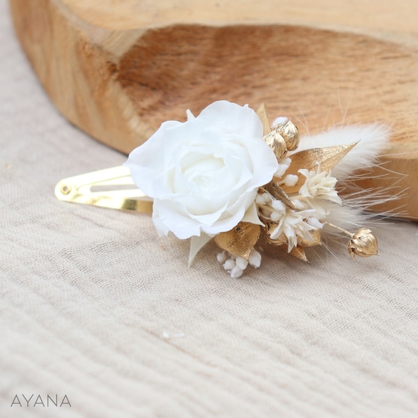 Barrette CHARLINE pour enfant et adulte style clic-clac avec rose blanche stabilisée, Accessoire à cheveux pour mariage, baptême, communion