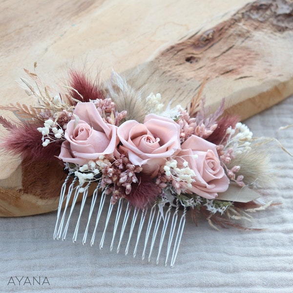 Peigne SIANA pampa séchée et roses stabilisées ton vieux rose et lie de vin pour coiffure mariage bohème, accessoire mariage couleur automne