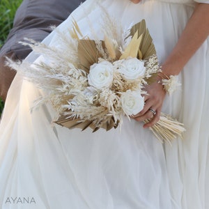 Bouquet de mariée OXFORD en fleurs séchées et stabilisées, bouquet de mariage style bohème avec rose éternelle blanche, pampa et palme image 1